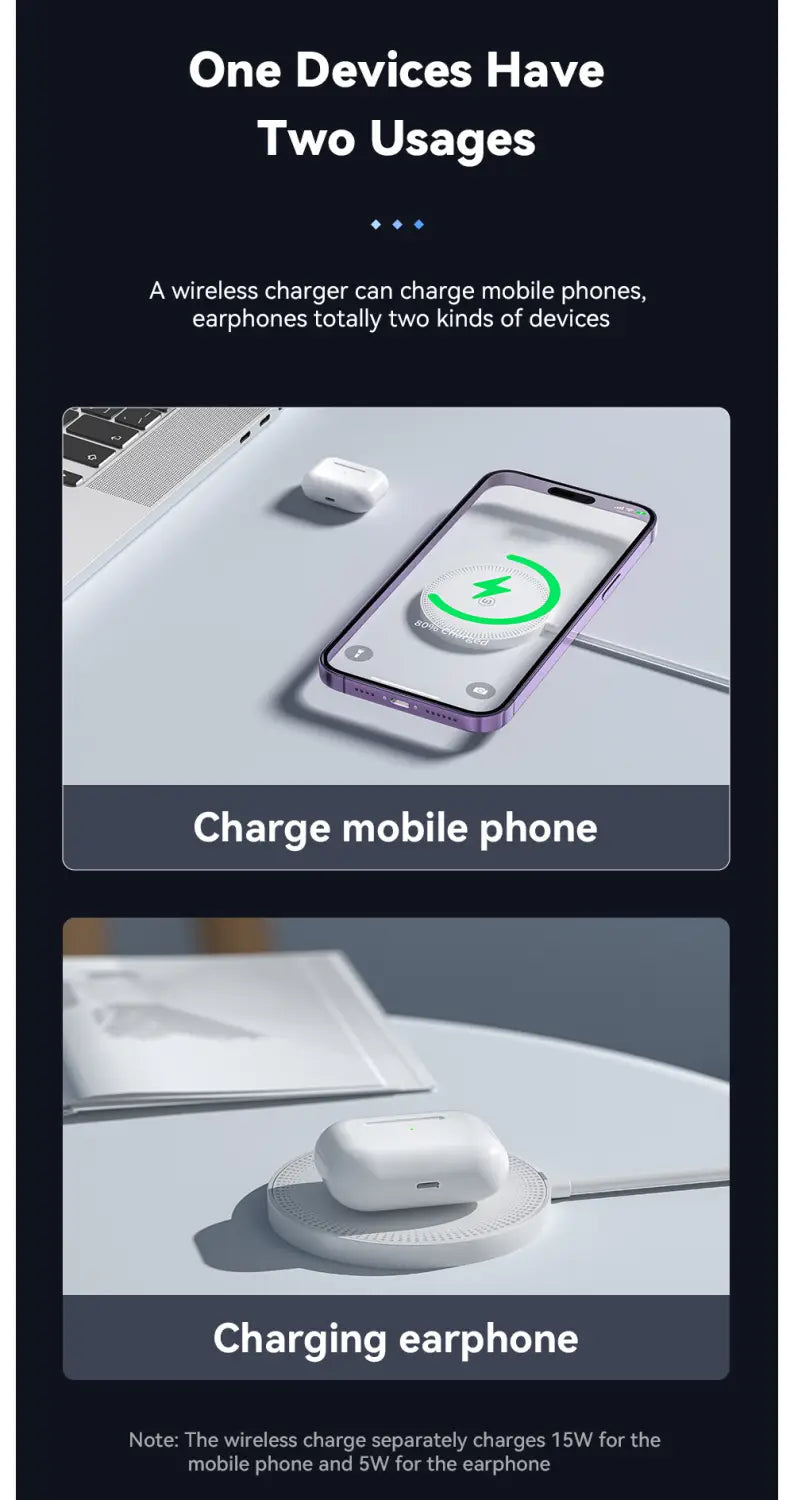 Purple-framed smartphone resting on a magnetic wireless fast charging pad for iPhone 14 13 12 with wireless charging capability.