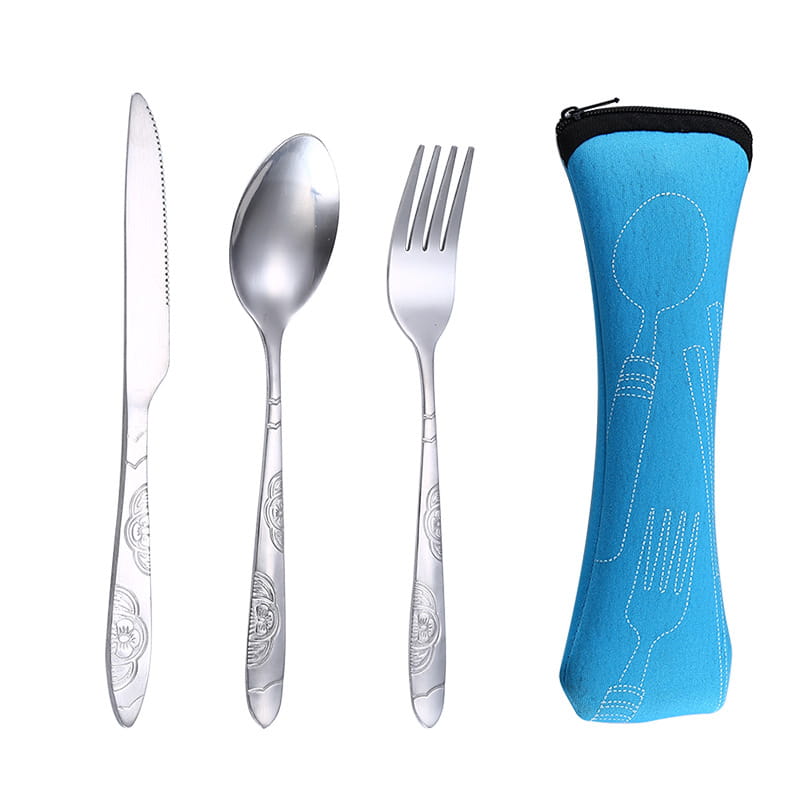 Portable stainless steel travel cutlery set featuring silver floral etched handles and a bright blue neoprene carrying case with embroidered utensil outlines.