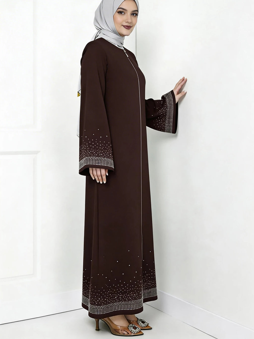 Middle Eastern Arabian Women Elegant Dress Long Sleeve Star Rhinestone Loose Solid Color