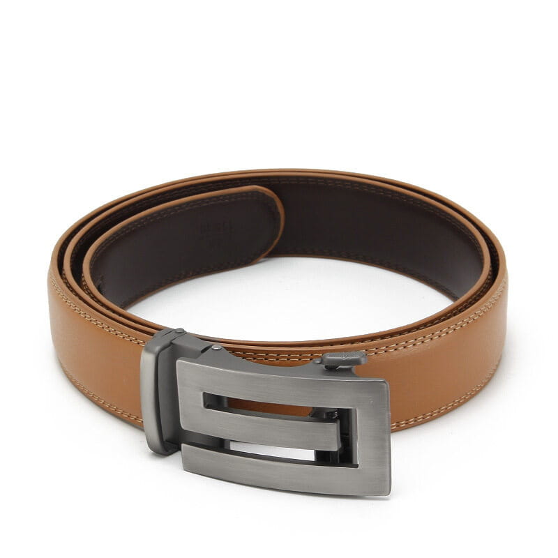 Ceinture automatique en cuir pour homme de couleur beige (camel), avec une boucle automatique élégante à finition argentée, en cuir véritable