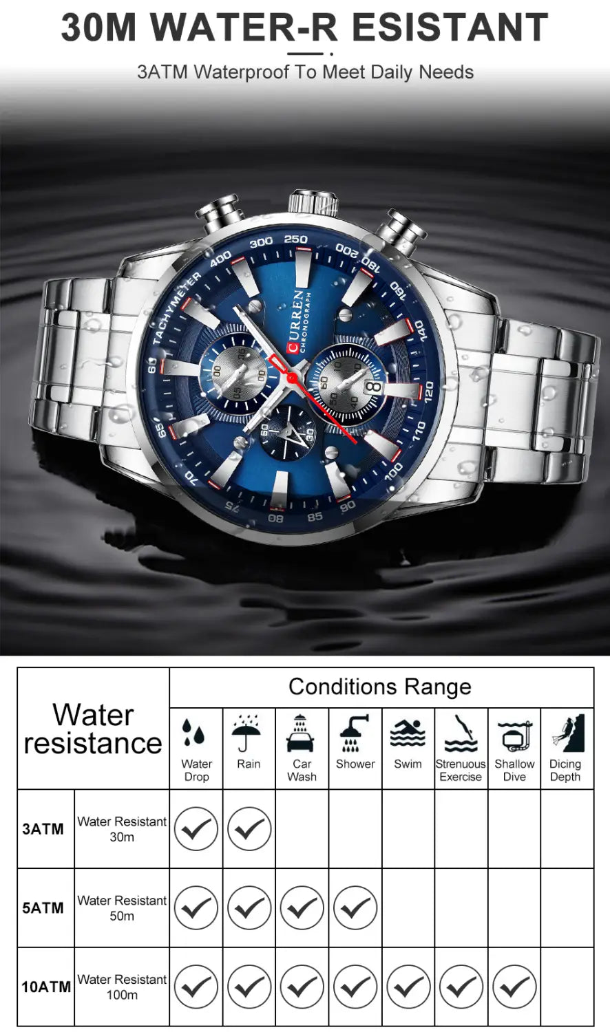 Curren mens chronograph stainless steel watch featuring a silver-toned case with a vibrant blue dial, multiple subdials, and red accents.