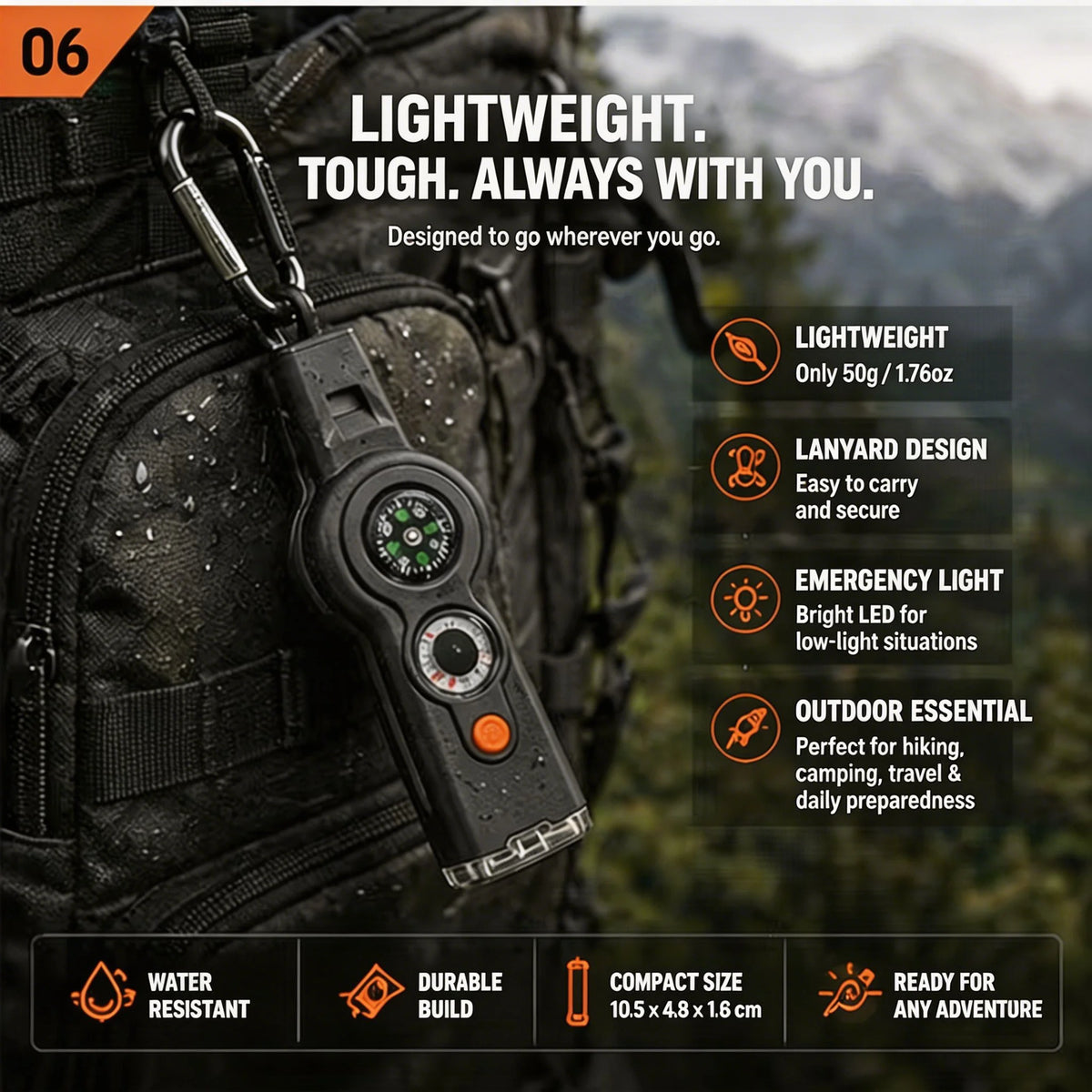 Camping Hiking 7in1 Outdoor Multifunctional Survival Whistle Flashlight Compass Thermometer Magnifier Reflector Glass Magnifying