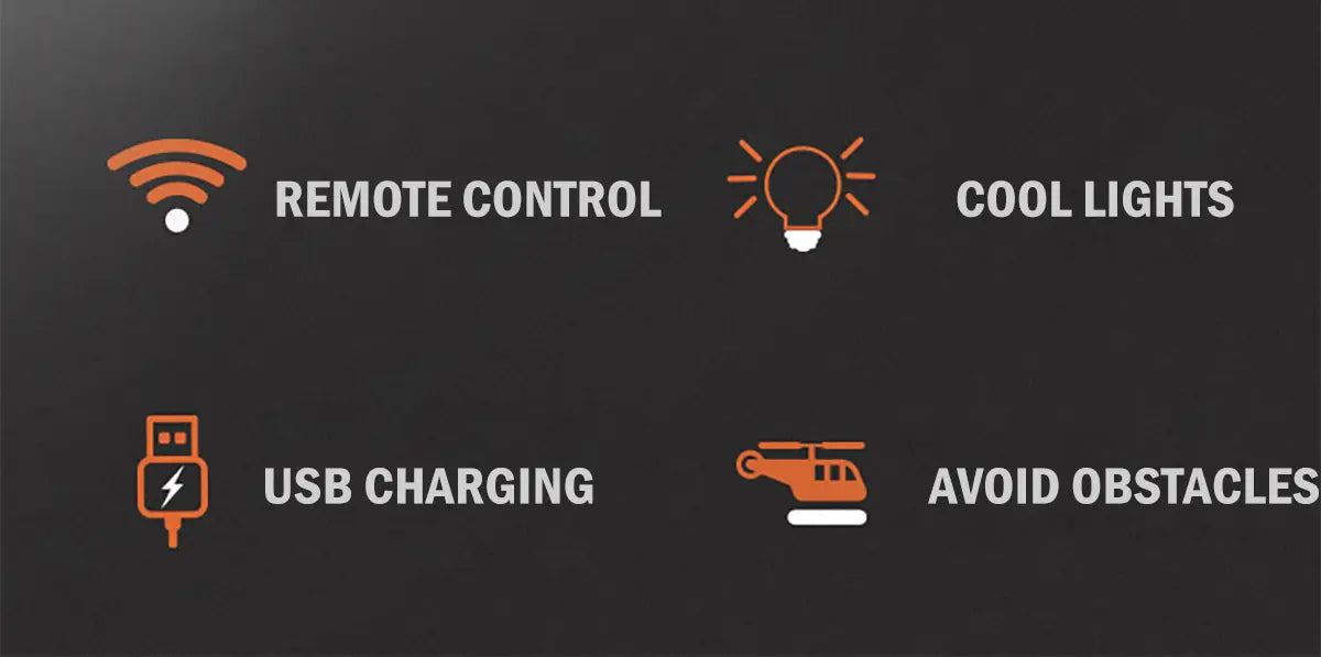 icône orange représentant un signal wi-fi, avec le texte « télécommande » à côté sur l’hélicoptère rc à évitement des obstacles, mettant en évidence la fonctionnalité de commande à distance et son impact sur le temps de charge et le temps de vol.