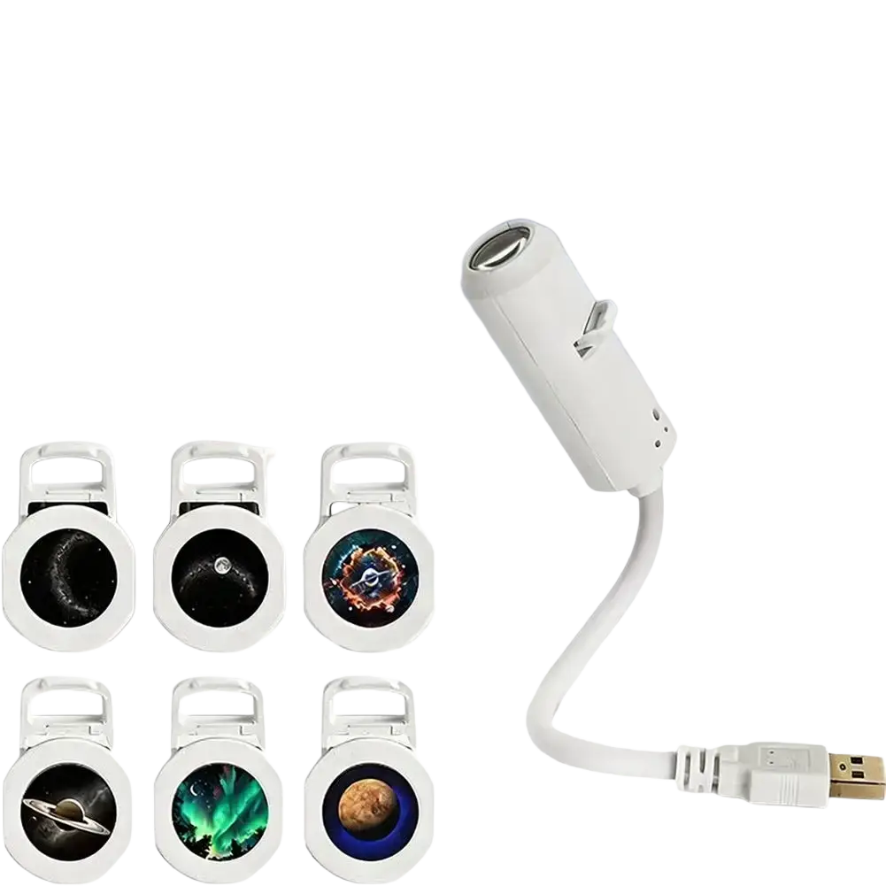 White usb-powered ceiling projector with flexible arm and interchangeable film discs for night light use