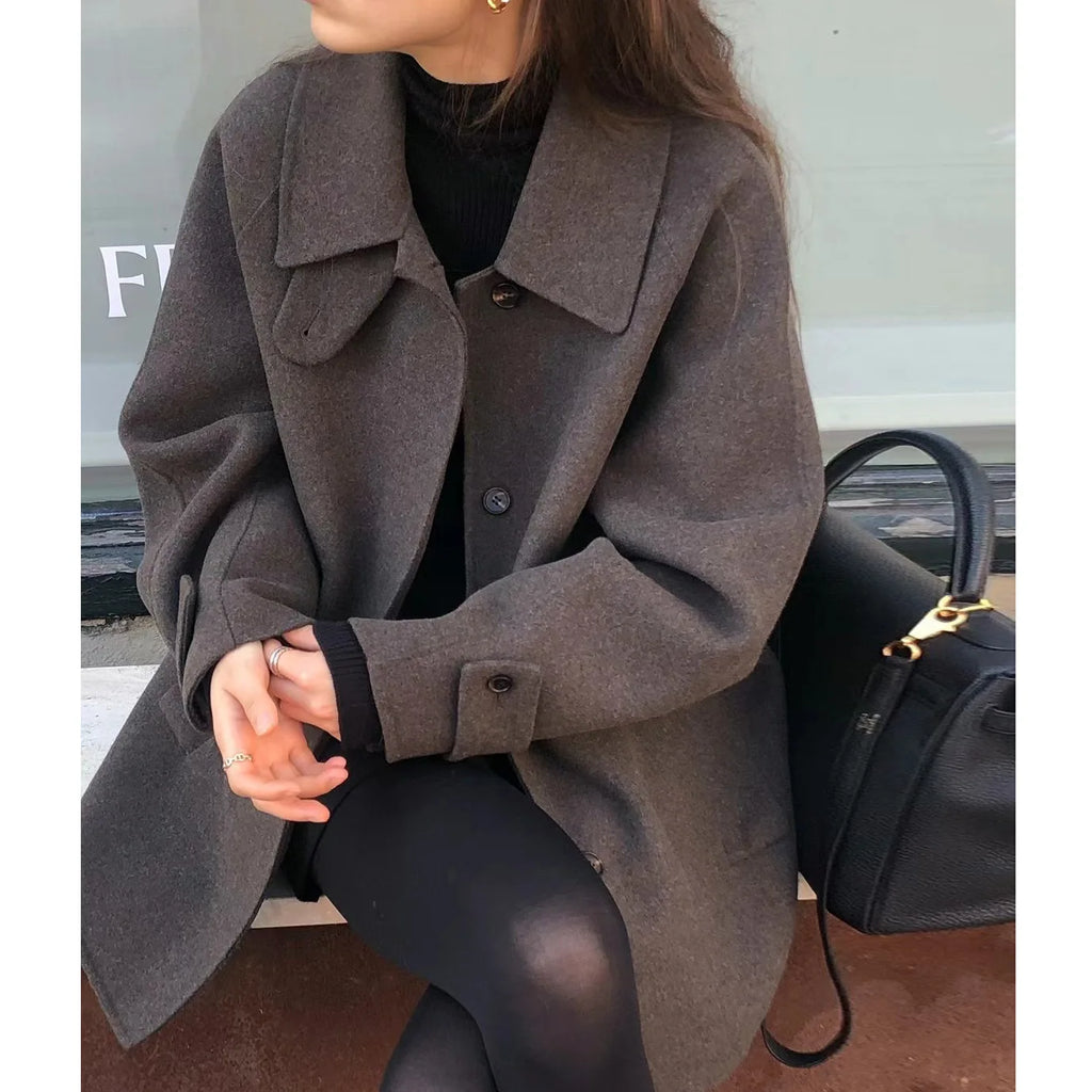 Women's Woolen Coat Elegant Lapel Mid-Length Solid Color  Double-Sided Fabric Lightweight Non Bulky Versatile Office Outerwear