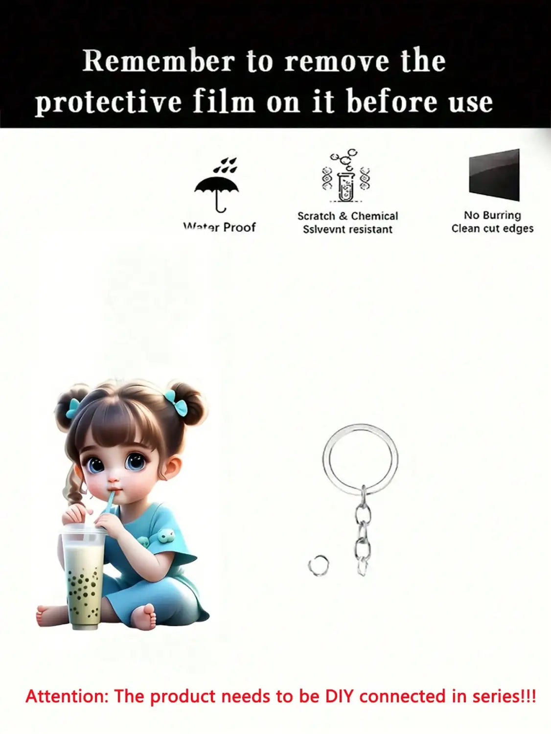 Silver metal key ring with a short chain and separate rings for diy assembly shown with a cute acrylic girl cartoon pendant keychain.