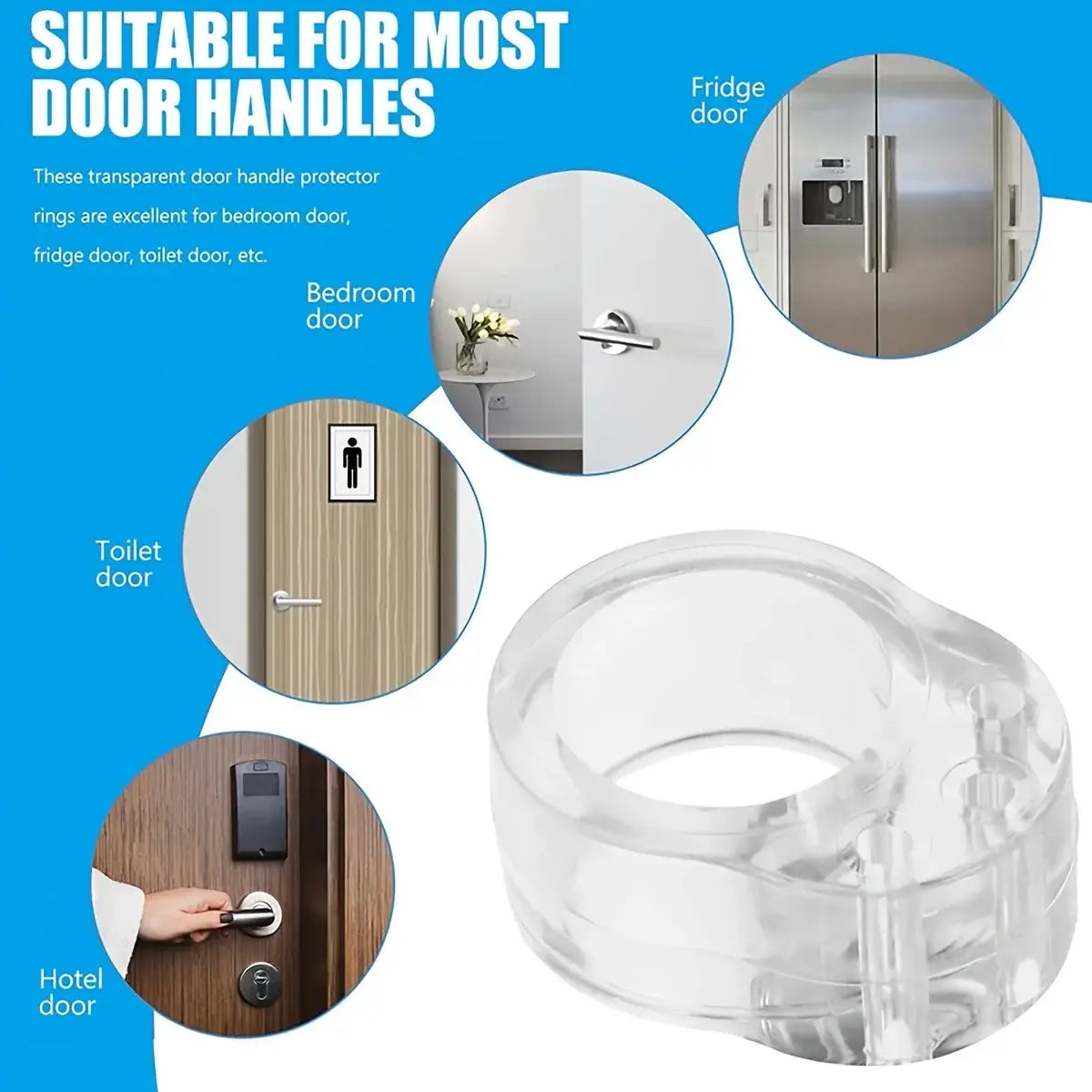 Pare-chocs mural pour poignée de porte, avec poignée de porte à bordure transparente en plastique clair, doté d’une conception de bague de protection, visible depuis l’arrière.