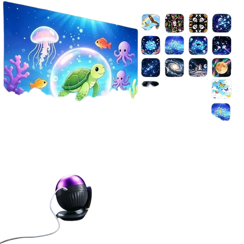 Purple and black spherical led projector light casting vibrant underwater scene on wall ideal kids gift with white noise
