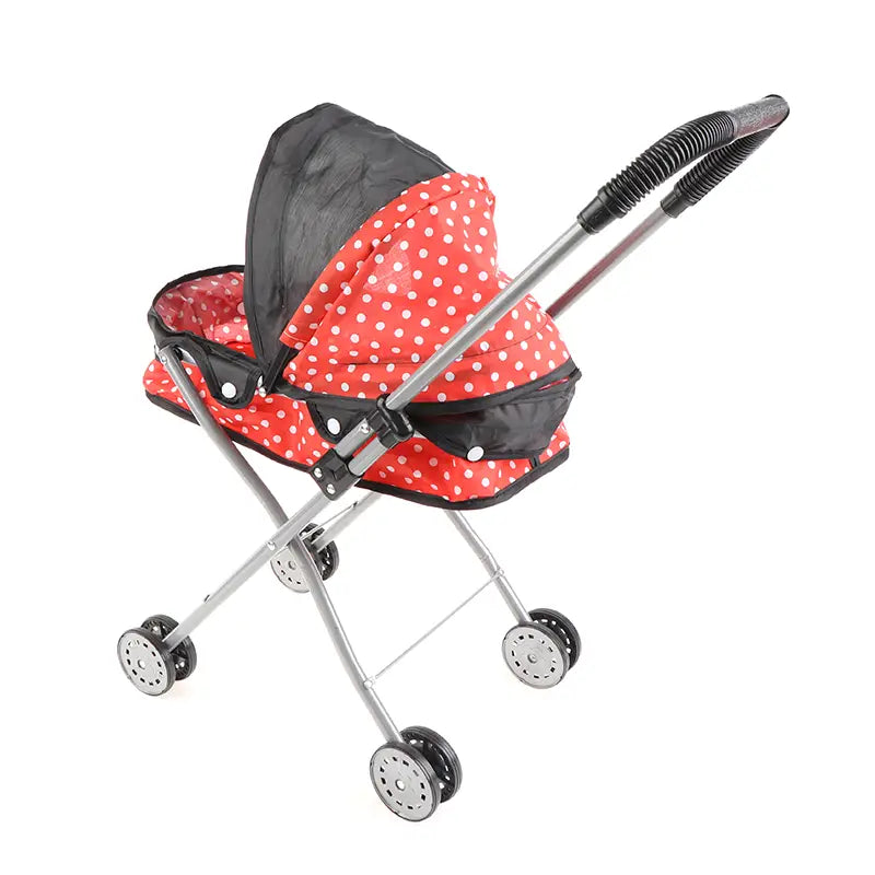 Puppenwagen für 12-Zoll-Babypuppen mit Sitz aus rotem und schwarzem Punktenstoff, silbernem Metallrahmen und schwarzen Gummirädern.