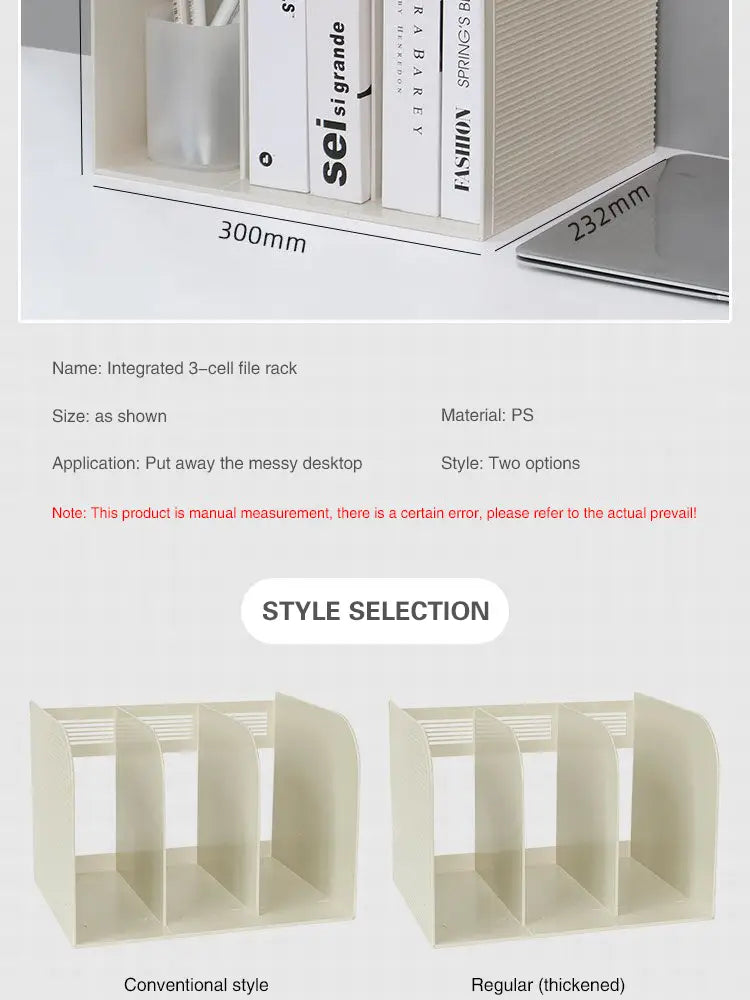 Cream-colored plastic integrated 3-cell file rack with a sleek minimalist design for desk organization and book storage.