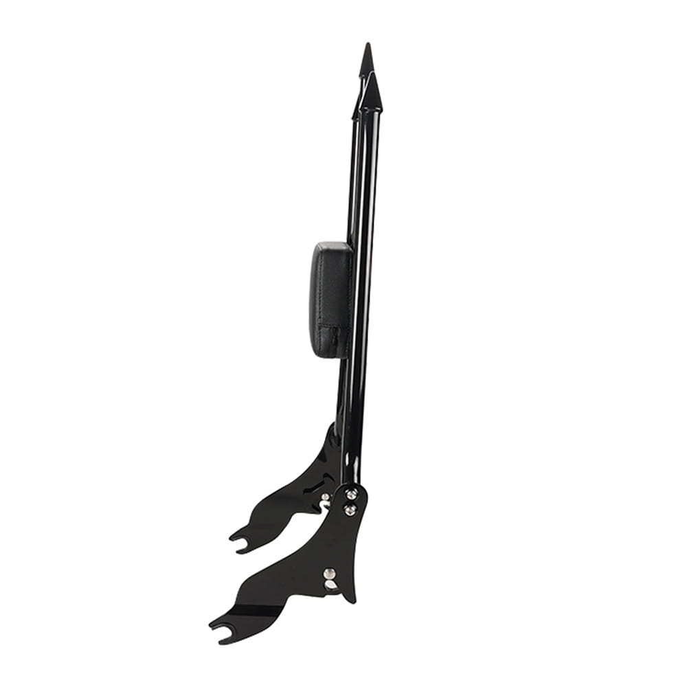 Black metal detachable passenger backrest with a padded seat cushion shown from the back side for Harley touring models 2009 to 2025.