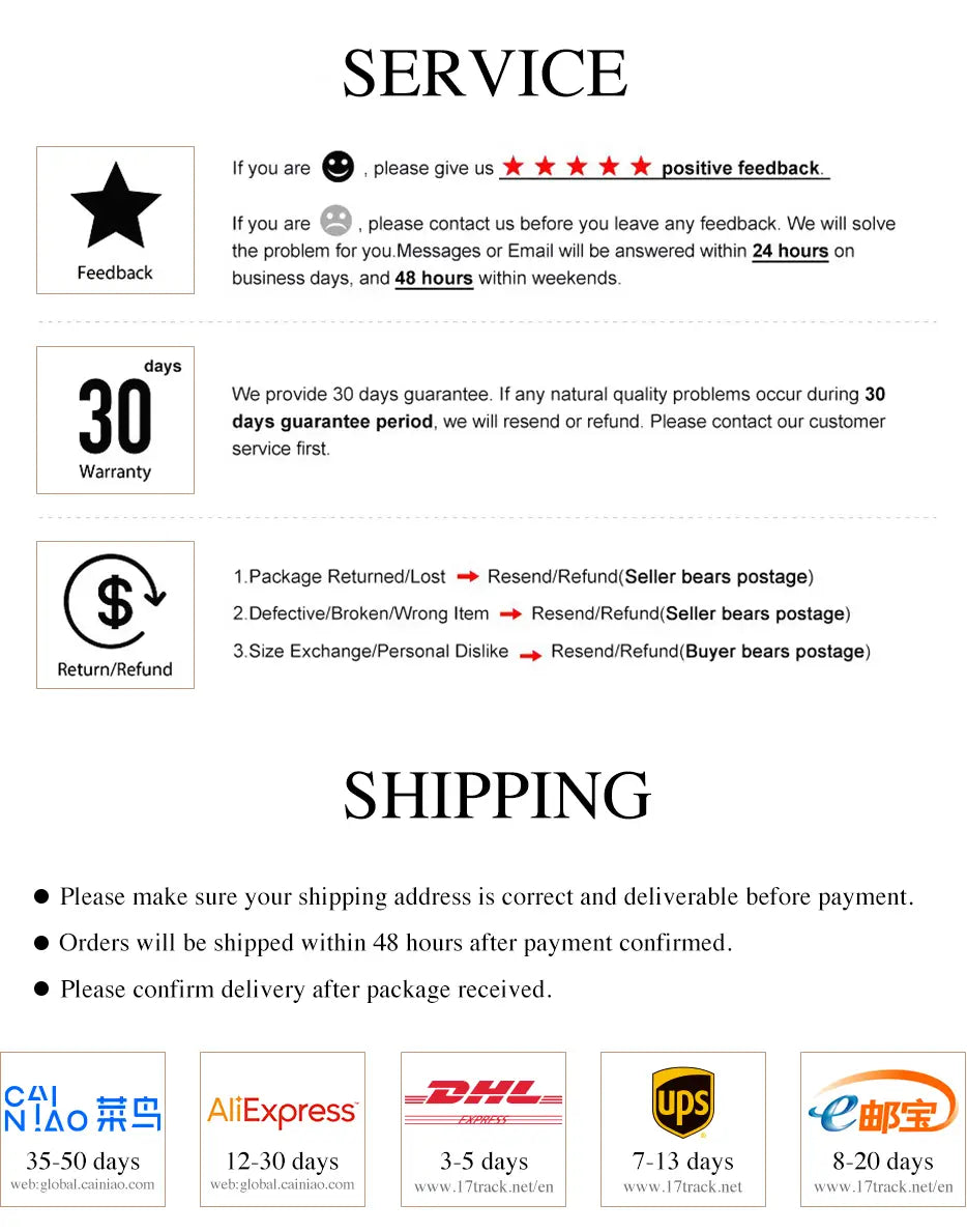 the service and shipping information page for the stainless steel black opal necklace and earring set featuring text icons and logos for various courier services