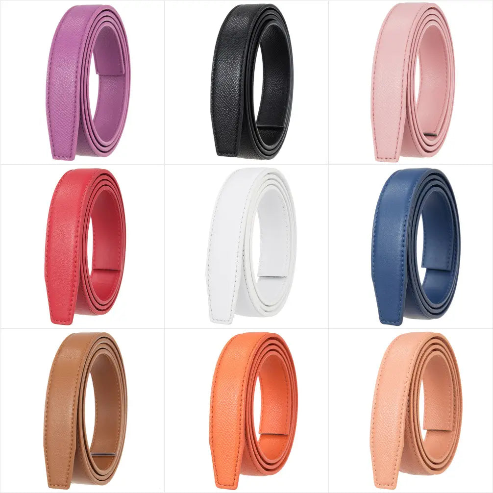 Neuf femmes bouclées avec des ceintures en cuir torsadées à boucles automatiques dans des couleurs variées, notamment violet, noir, rose, rouge, blanc, bleu, beige, orange et pêche, avec des passe-parties fines.