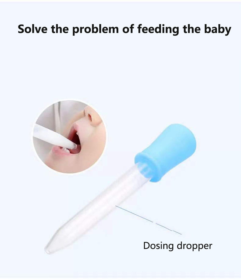 Ein transluzenter weißer Kunststoff-Dosier-Tropfer mit hellblauer Silikonkappe, enthalten in einem Baby-Gesundheits- und Pflege-Set.
