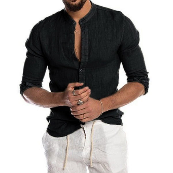 Black linen long sleeve mandarin collar casual shirt for men with rolled sleeves.