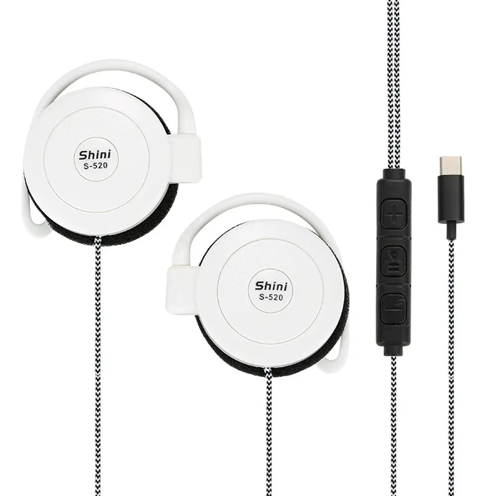 White shini s-520 usb-c wired on-ear sports headphones with black ear cushions and a braided cable featuring an inline control module.