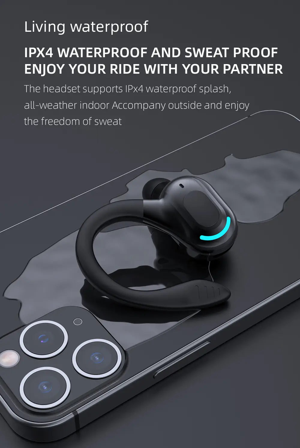 Black wireless ear hook sport earbud with curved hook design and glowing blue led light featuring bluetooth 5.2 technology.