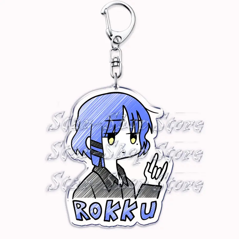 blue-haired anime character acrylic keychain from bocchi the rock featuring a black and gray outfit and the name rokku in bold blue letters below.