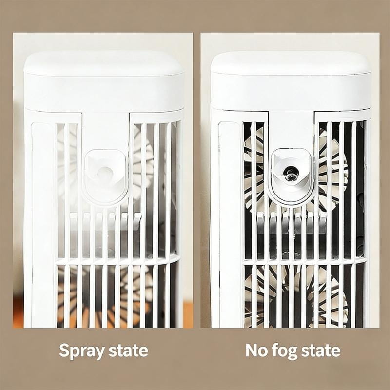 white plastic portable air cooler with vertical slats and circular control button on the front featuring usb c charging connection for smart home use