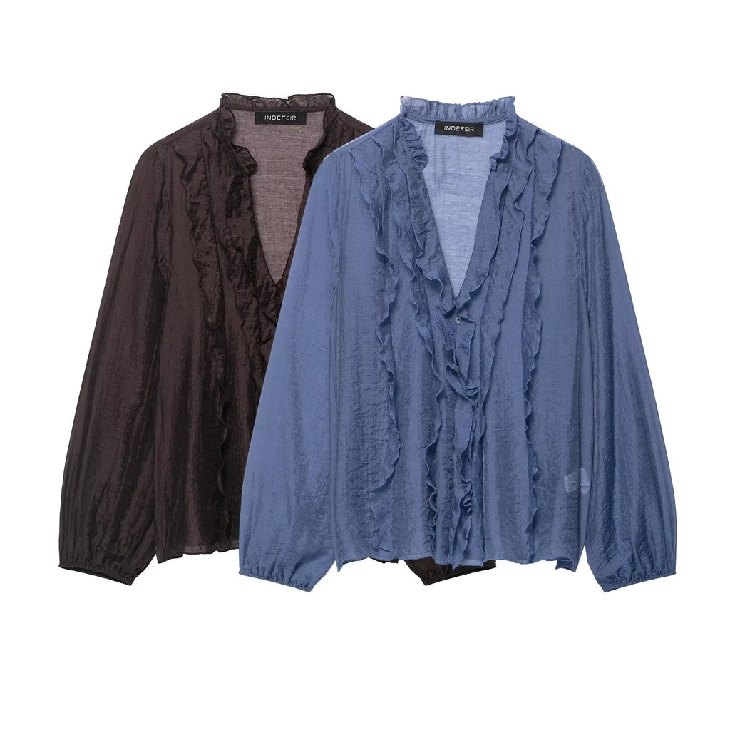 Willshela Women Fashion Ruffled Pleated Single Breasted Blouse Vintage V-Neck Long Sleeves Female Chic Lady Shirts