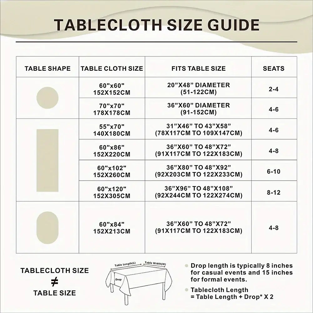 Tablecloth size guide chart showing measurements for round, rectangular, and oval Christmas tablecloths in red with Santa lace trim for winter holiday use.