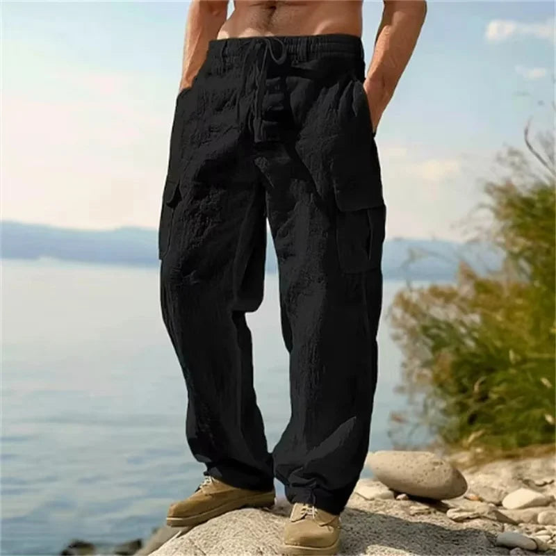 Men's Casual Trousers Loose Comfortable Cargo Pants Pants Man Cotton Linen Multi-Pocket Straight Trousers Beach Thin Men Pants