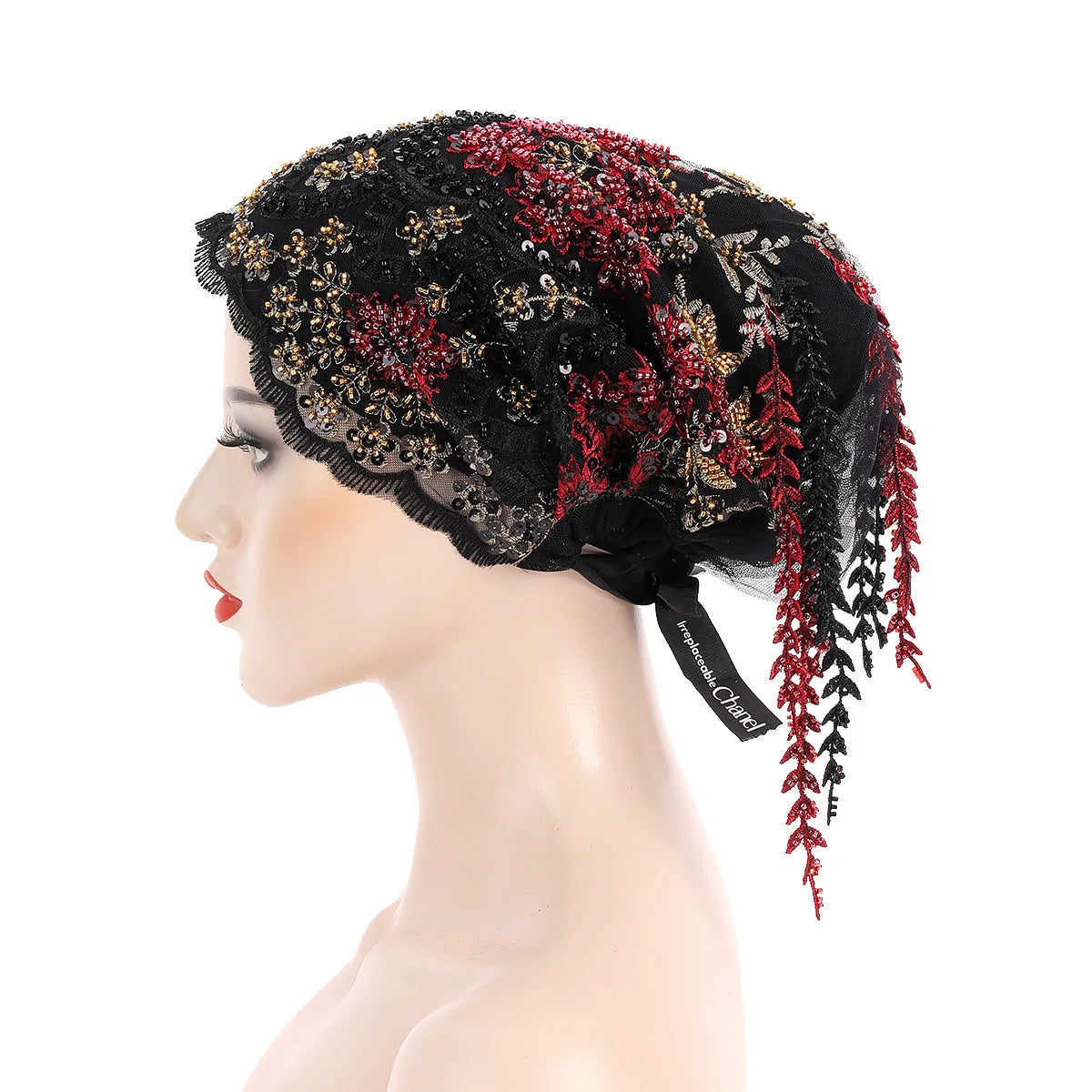 New Ethnic Tassel Headscarf Beaded Embroidery Turban Luxury Tassel Bonnet Women Muslim Hijab Lace Wedding Party Headwear Beanies