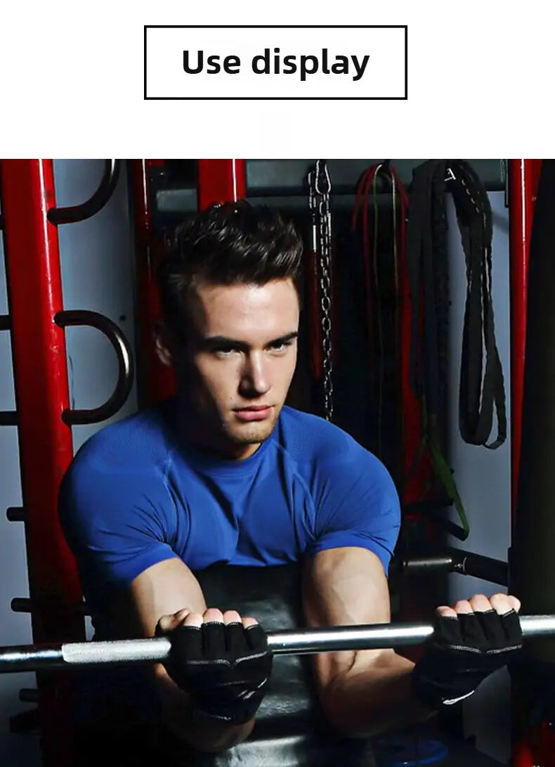 blue short sleeve fitted athletic shirt paired with weightlifting gloves with wrist wrap designed for support during exercise
