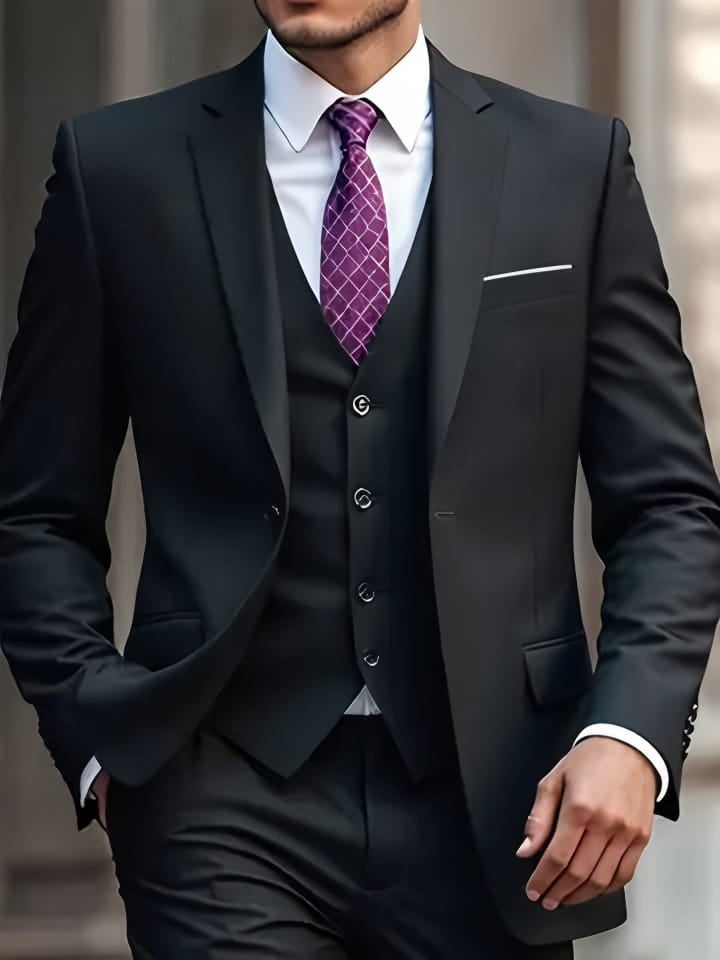 Herren schwarzer Slim-Fit-Anzug Dreiteiler-Smoking mit dezentem Schimmer, mit passender Weste und Hose, einreihige Verschlussart.