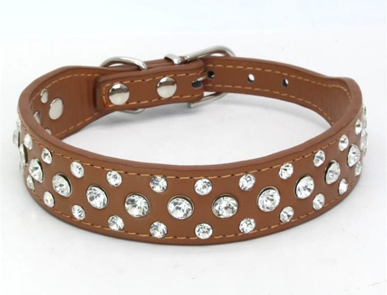 Braunes Leder-Hundehalsband, verziert mit funkelnden klaren Strasssteinen und Metallbeschlägen in Silberoptik, ausgelegt für kleine Hunde und Katzen