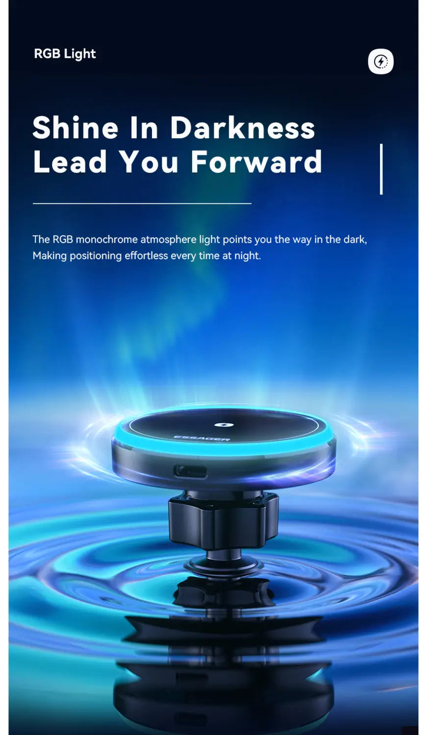 Essager 15w magnetic wireless car charger mount featuring a sleek black circular rgb light with a glowing blue ring designed as an ambient atmosphere lamp for nighttime navigation.