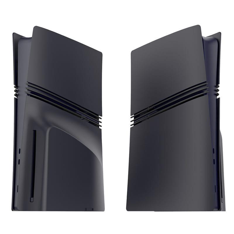 Black matte ps5 pro disc version console with sleek angular design and signature horizontal ventilation slits featuring a pro disc version faceplate cover.