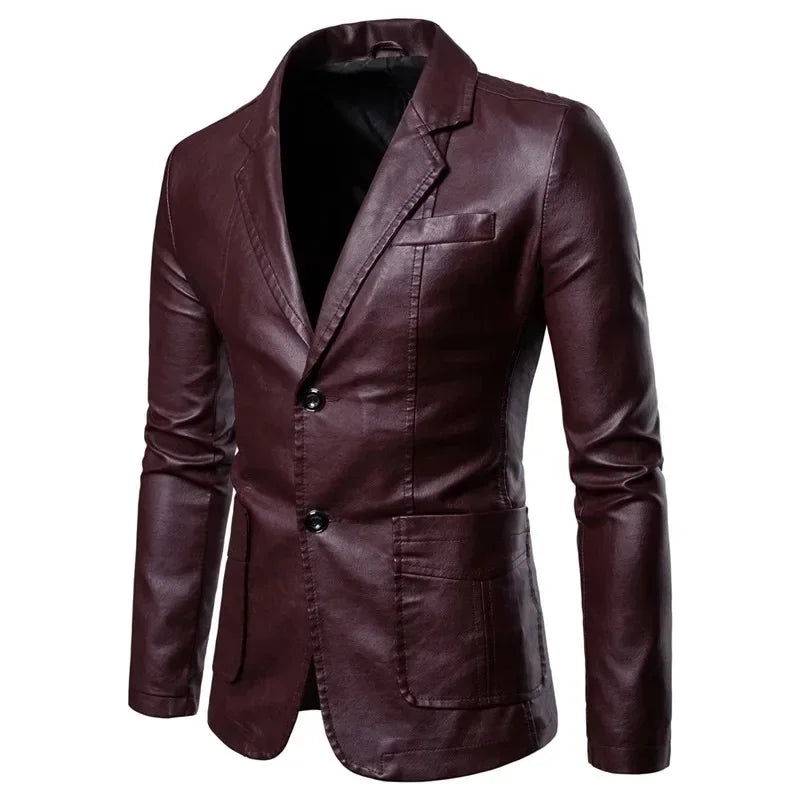 2025 Leather Blazer Man  Spring Autumn Fashion Men's Leather Jacket Dress Suit Coat Male Business Casual Pu Black Blazers Jacket