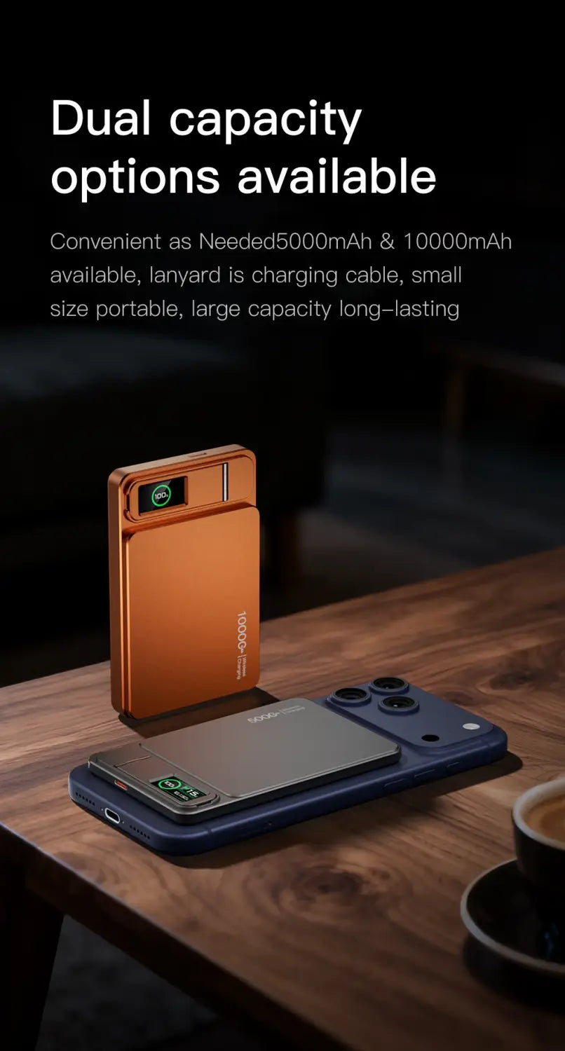 Orange and black magnetic power bank with a sleek compact design featuring dual capacity and quick charge wireless charger capabilities.