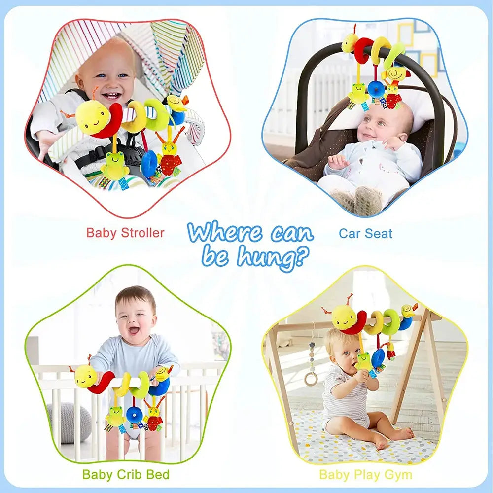 Spielzeug für den Kinderwagen mit Spiral-Babyaktivität: Buntes weiches Plüsch-Raupenmotiv mit lächelndem Gesicht sowie angebrachten baumelnden Perlen.