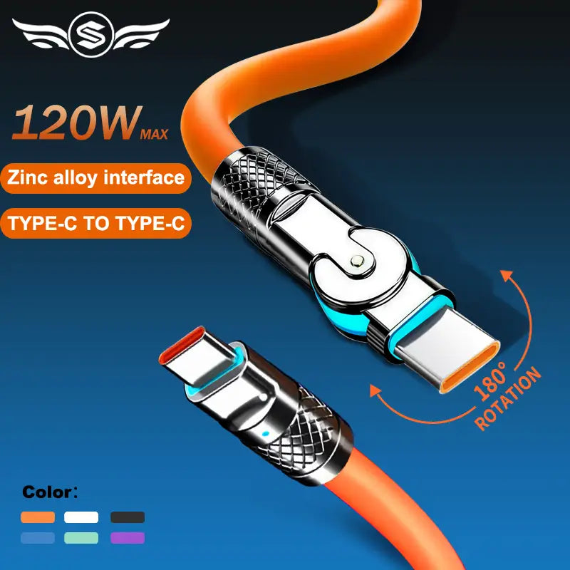 Oranges 120-W-Rotations-Silikon-USB-C-Kabel mit Typ-C-auf-Typ-C-Steckverbindern, ausgeführt in Zinklegierung und mit strukturierter Metalloberfläche.