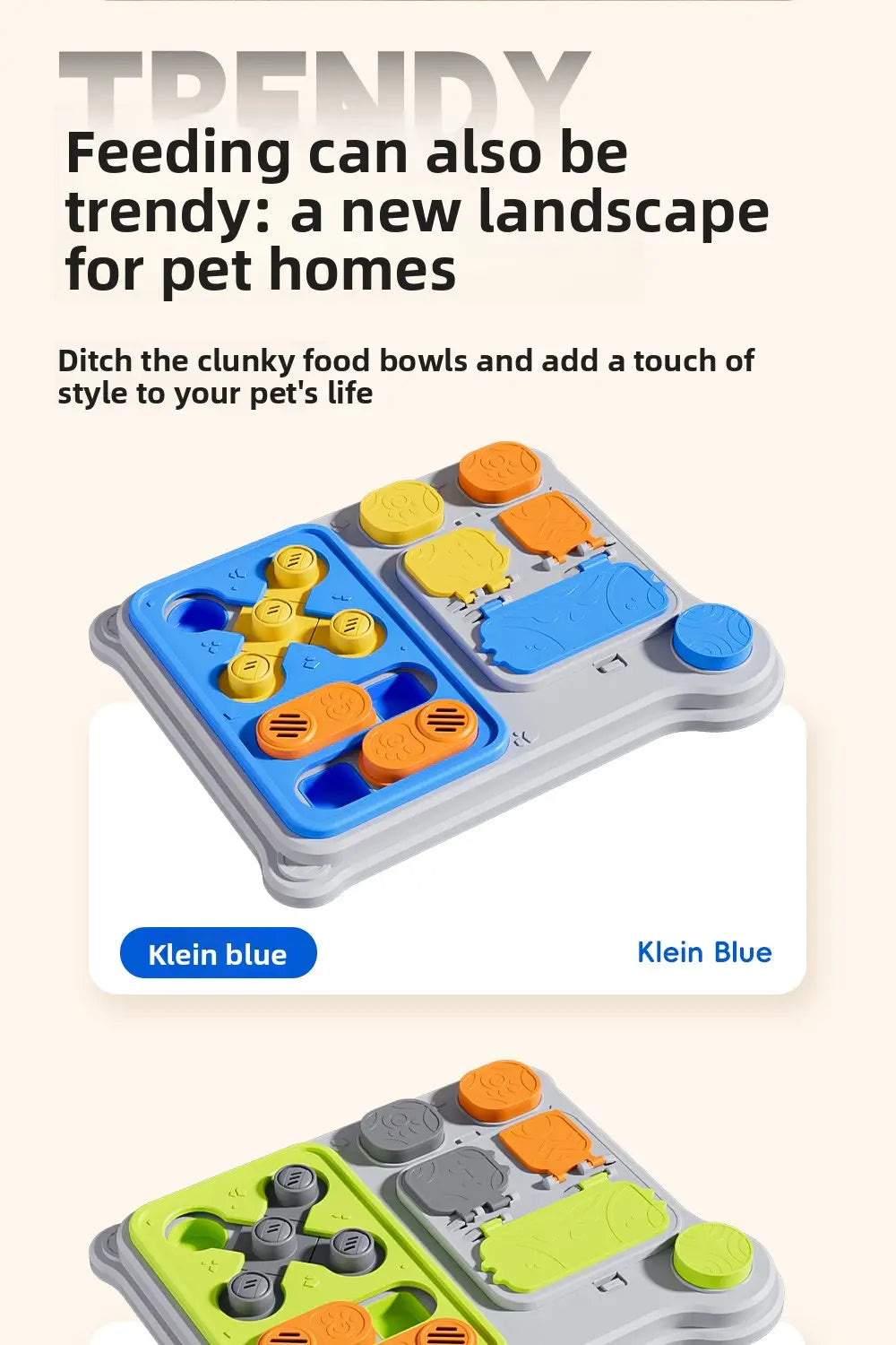 カラフルな青とオレンジのプラスチックで作られたインタラクティブな犬用パズルフィーダーおやつディスペンサー玩具。ペット用の給餌パズル玩具タイプとして設計されています。