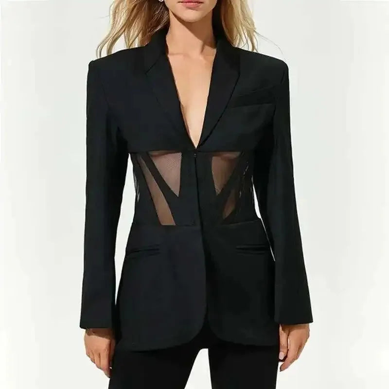 HOTCIAL Fashion Women Blazer Notched Collar Full Sleeve Hidden Breasted Lace Patchwork Waist Black Jacket Autumn 2025 New