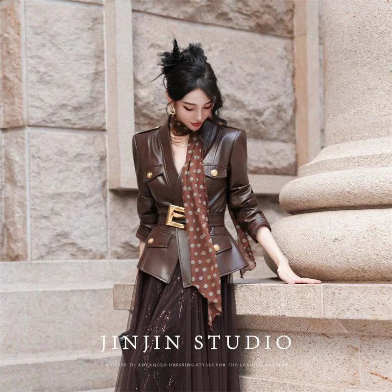 Leather Jacket Women's Jackets Spring and Autumn  Cardigan Ladies' Senior Leather Coat Waist Temperament Design Sense Coat Tide
