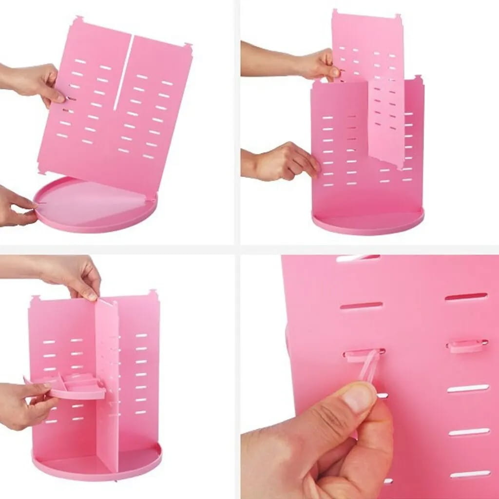 Organisateur de maquillage tournant en plastique rose, avec plusieurs compartiments et des côtés perforés pour un stockage cosmétique à 360 degrés.