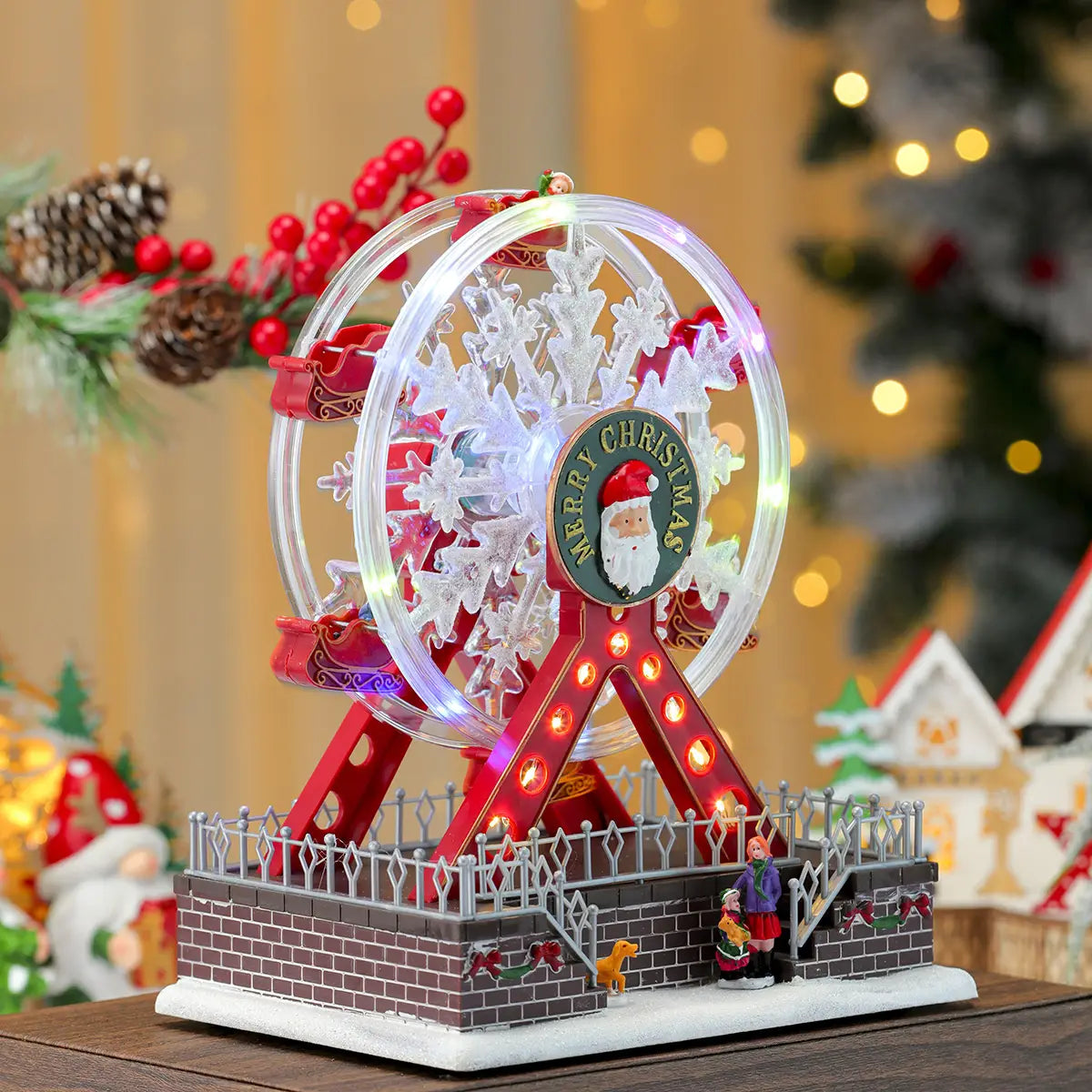 Ornement de manège forain musical de Noël festif avec un anneau en acrylique transparent, des supports structurels rouges et des décorations de flocons de neige illuminées.