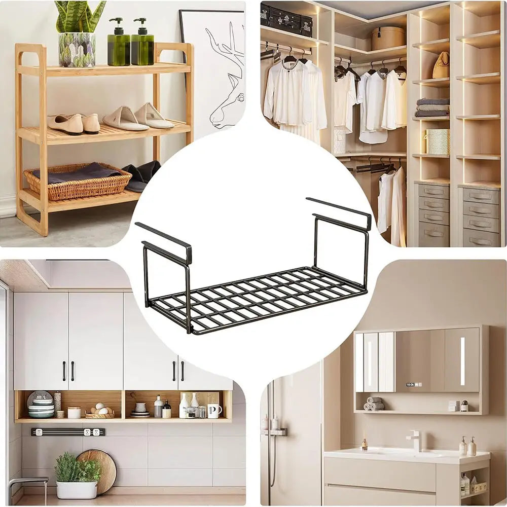 Black metal bed shelf with a grid design and two side handles for under shelf shoe storage and metal organization.