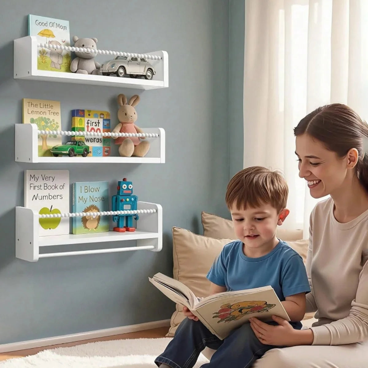 Nursery Book Shelves ,15.7 Inch Wood Floating Bookshelves for Wall Set of 3, Baby Kids Decor, Solid Wood Wall Mounted Shelves