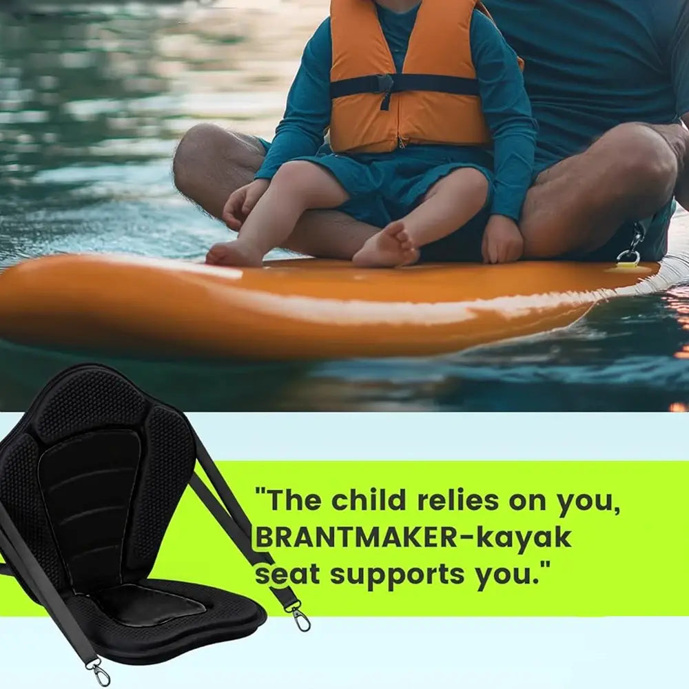 Black padded kayak seat with adjustable straps and mesh back panel shown from the back side in deluxe padded kayak seat and adjustable backrest design.
