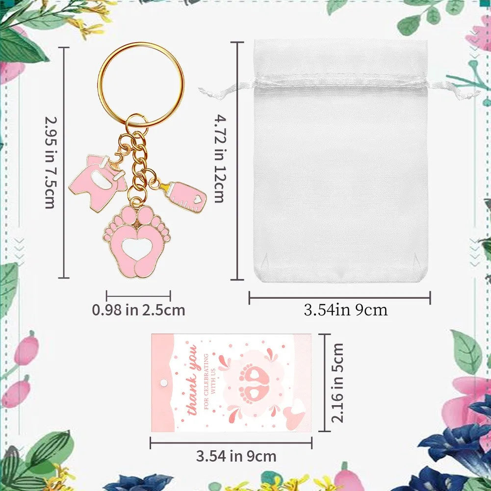 Baby Shower Favors For Boy And Gir With Footprint Keychains Gifts With Bottle Baby Clothes White Organza Bags For Party Supplies