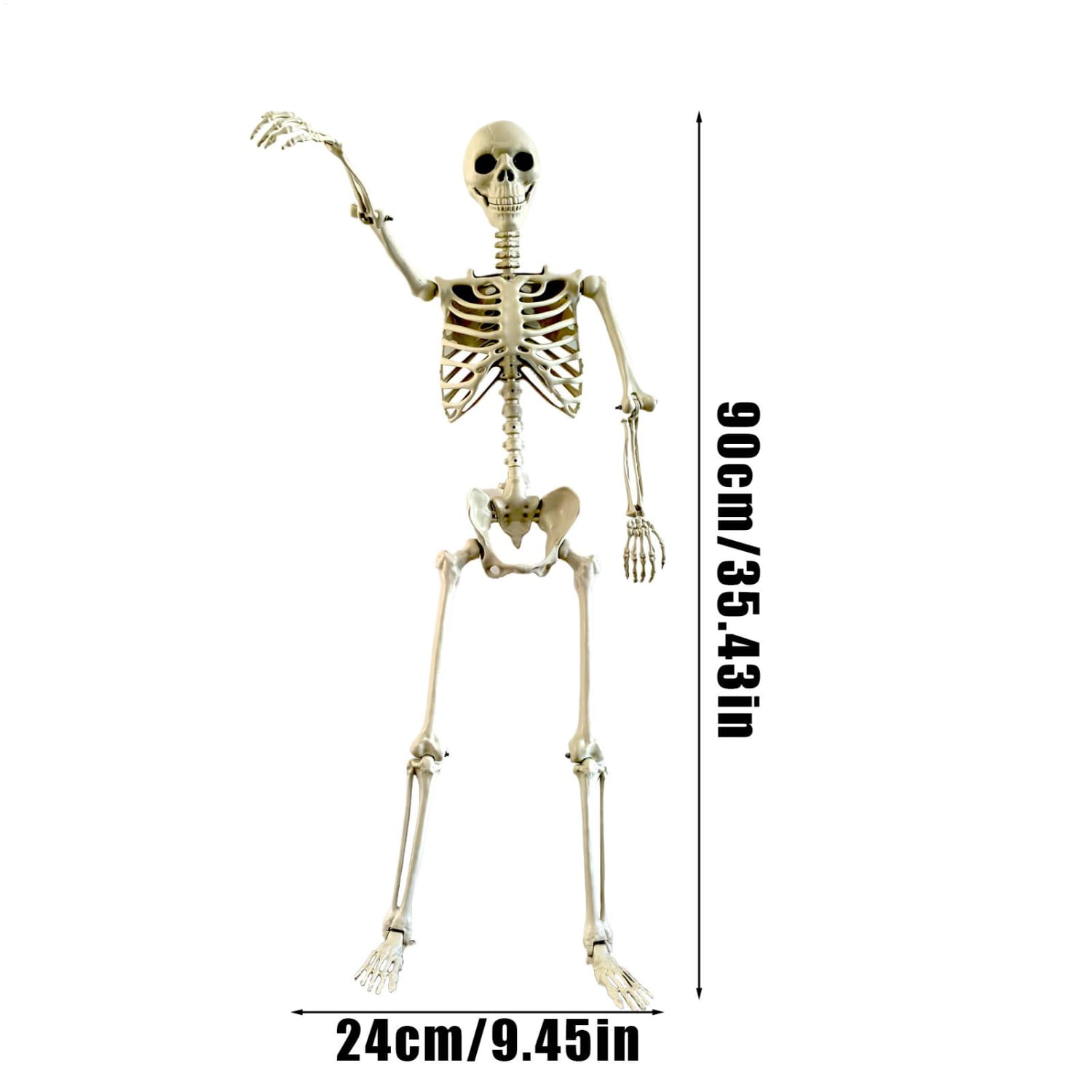 un esqueleto de Halloween de plástico color beige de 90 cm de altura, con articulaciones articuladas y una mano en movimiento, diseñado como decoración posable para jardín en ambientes de casa encantada.