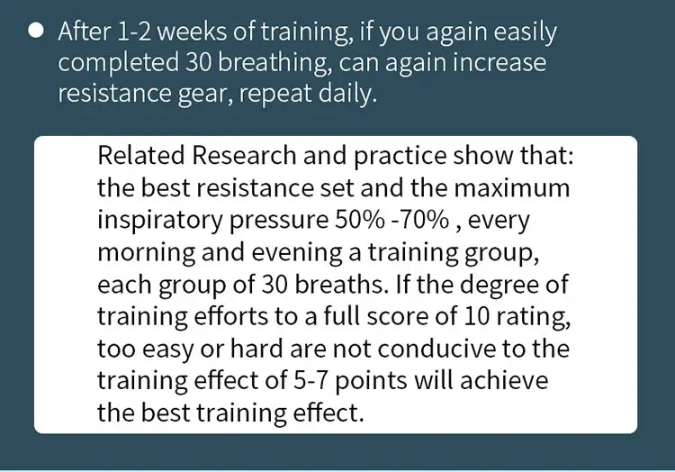 The image shows a dark teal background with white text detailing resistance training and breathing exercises for the respiratory trainer lung fitness device.