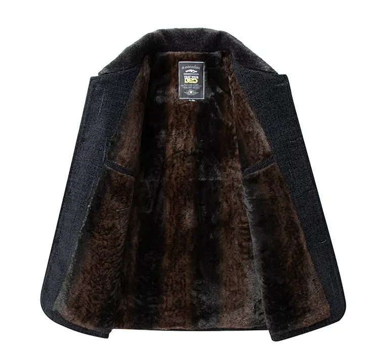 Abrigo tipo gabardina de mezcla de lana para hombre con cuello de piel de invierno, en negro, con forro tipo borrego marrón oscuro esponjoso y cuello estructurado.