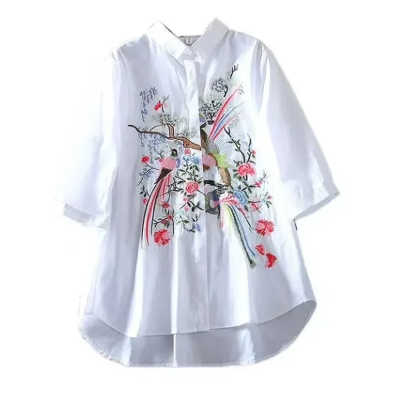 Literature Art Blouse For Women Shirt China Blusas Chic Embroidery Flower Blouses Loose Shirt Medium Length Vintage shirt Top