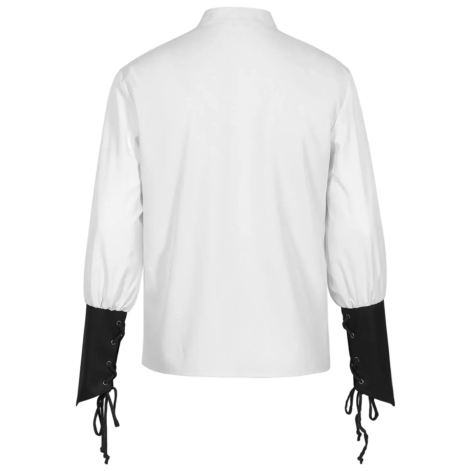 mens pirate medieval renaissance white long-sleeved shirt with black lace-up cuffs displayed from the front